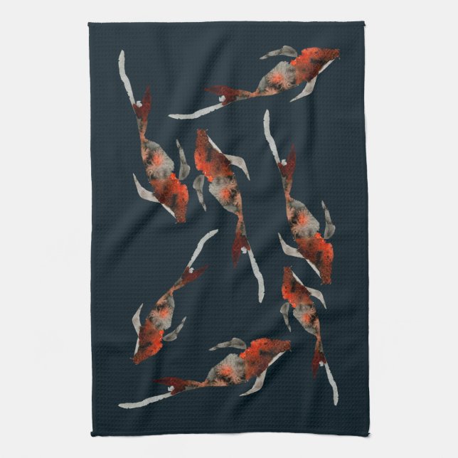 Watercolor koi fish illustration tea towel (Vertical)