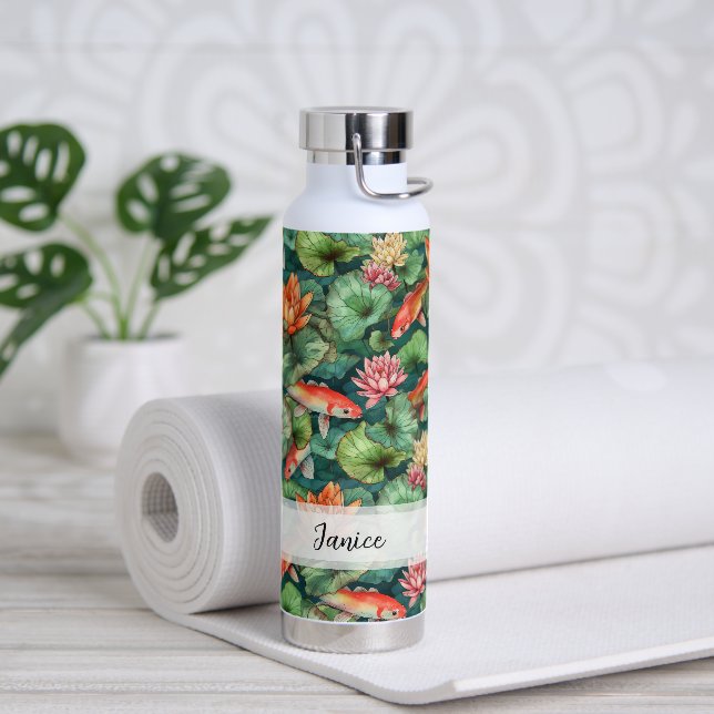 Watercolor Koi & Water Lilies Name Water Bottle (Yoga)