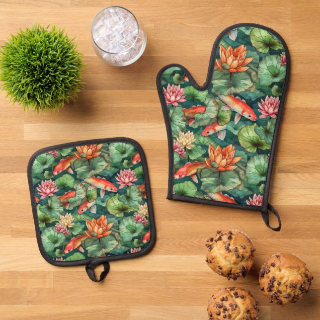 Watercolor Koi & Water Lilies  Oven Mitt & Pot Holder Set (Top Down)