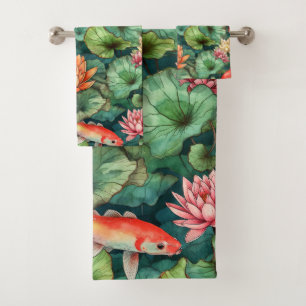 Watercolor Koi & Water Lilies Towel Set