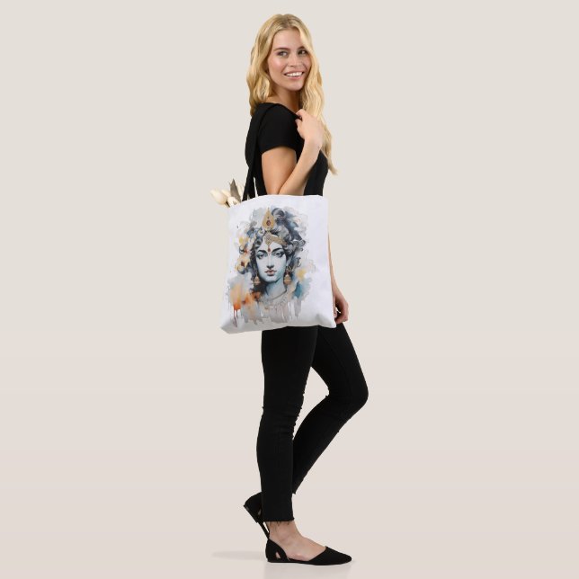 Watercolor Krishna Painting Tote Bag (On Model)