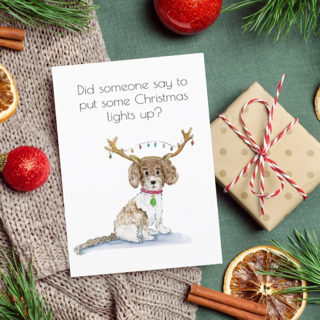 Watercolor Labradoodle Christmas Lights Antlers Holiday Card (Creator Uploaded)