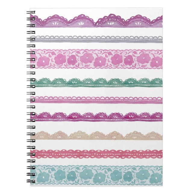 Watercolor Lace Ribbon Girly Rainbow Painted Notebook (Front)