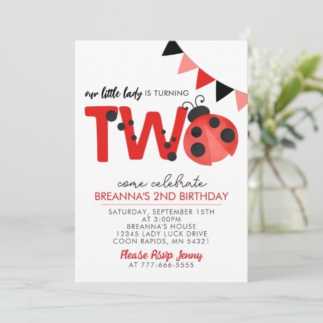 Watercolor Ladybug 2nd Birthday invitation (Standing Front)