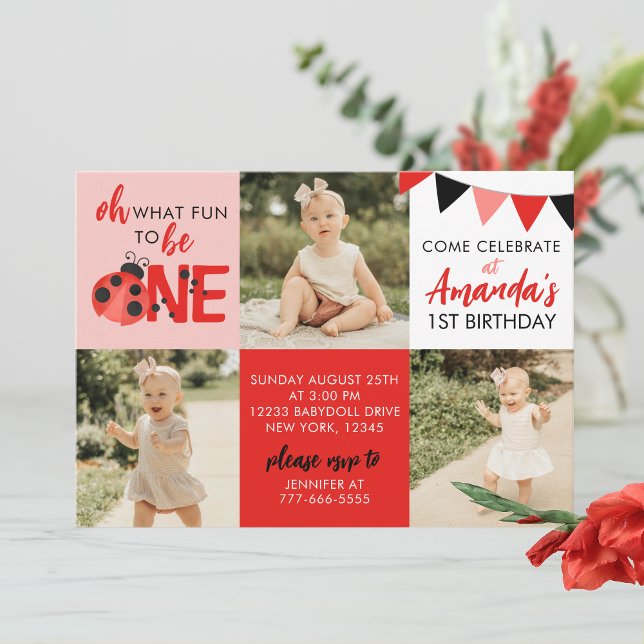 Watercolor Ladybug 3 Photo Birthday Invitation (Light Pink Salmon Oh What Fun to Be One Watercolor Ladybug 3 Photo Birthday Invitations)