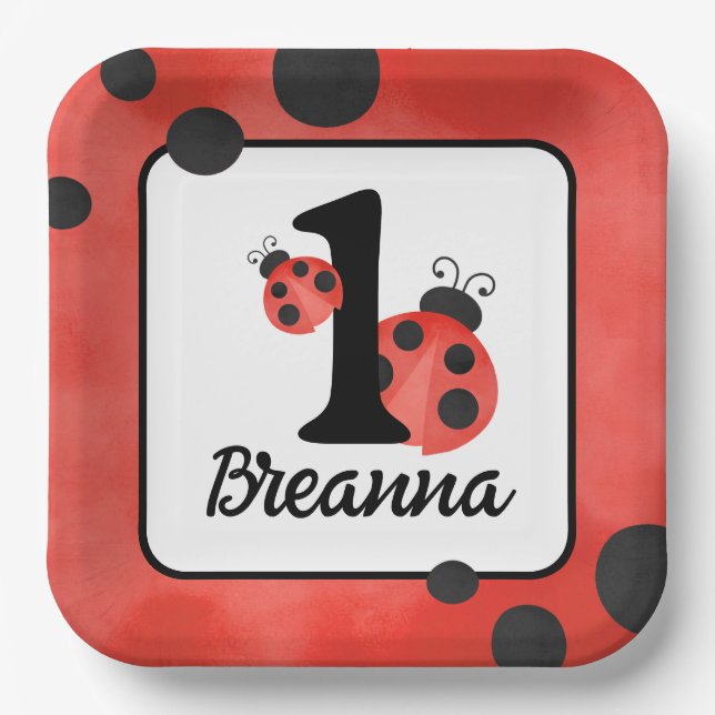 Watercolor Ladybug Birthday Square Party Paper Plate (Front)