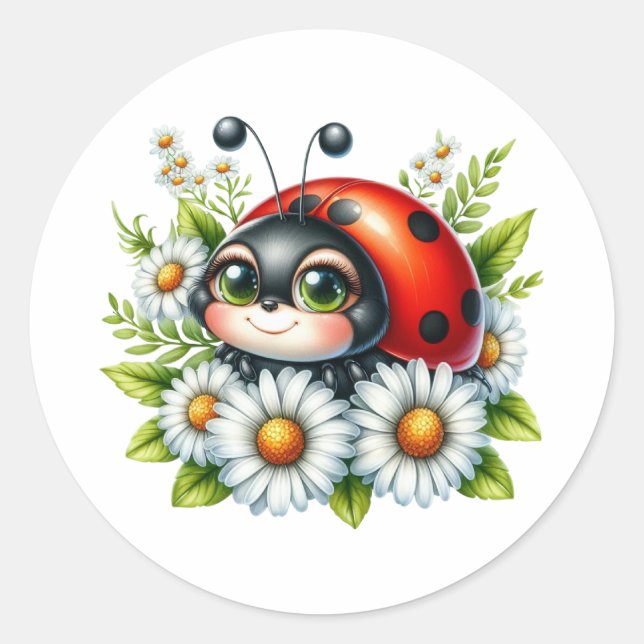 Watercolor Ladybug  Classic Round Sticker (Front)
