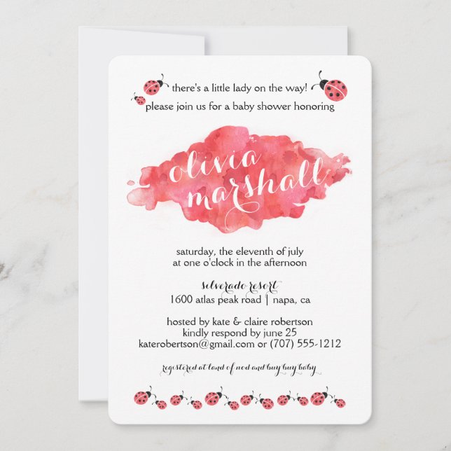Watercolor Ladybug Girl Baby Shower Invitations (Front)