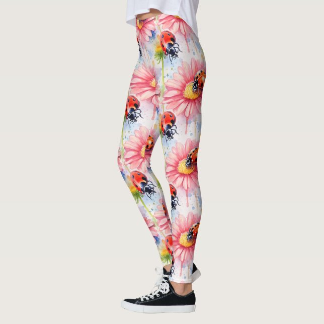 Watercolor Ladybugs on Flowers  Leggings (Left)
