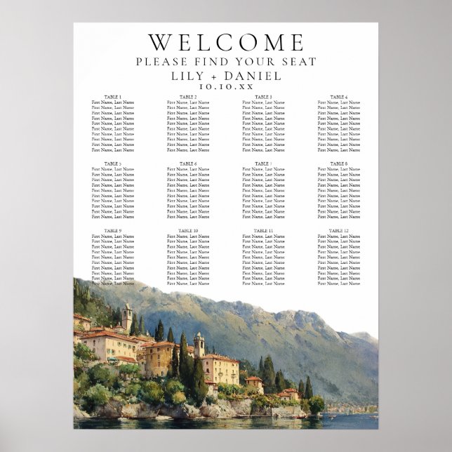 Watercolor Lake Como Italian Wedding Seating Chart (Front)