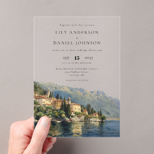 Watercolor Lake Como Italy Destination Wedding Acrylic Invitations (Insitu (Handheld))