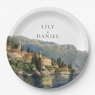 Watercolor Lake Como Italy Destination Wedding Paper Plate