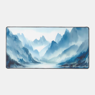 Watercolor lakes surrounded by dramatic peaks desk mat