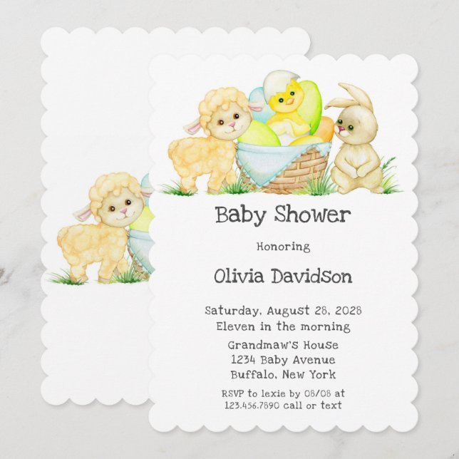 Watercolor Lamb Chic and Bunny Baby Shower Invitation (Front/Back)