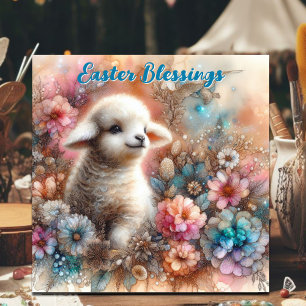 Watercolor Lamb Spring Flowers Christian Easter  Holiday Card
