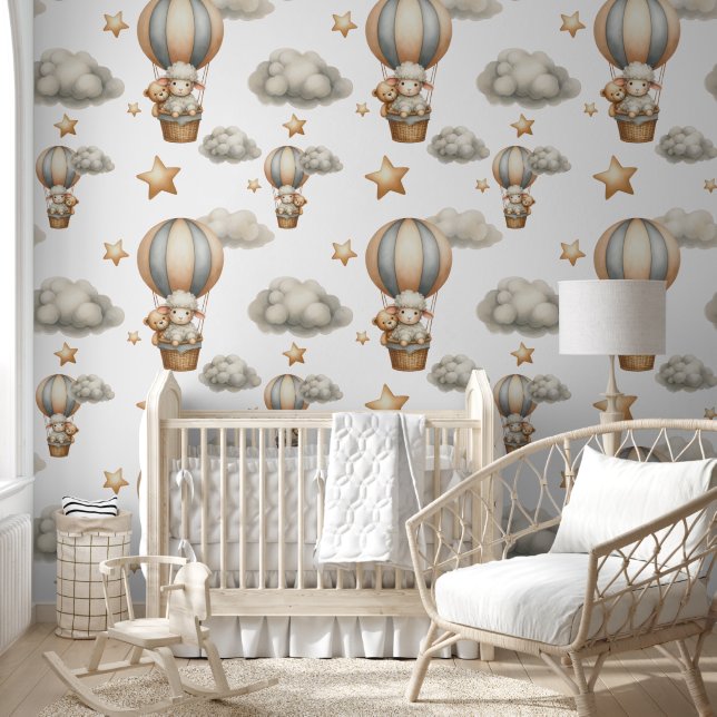 Watercolor Lamb & Teddy In Hot Air Balloon Wallpaper (Kids)