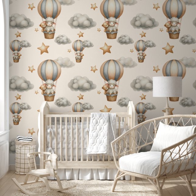Watercolor Lamb & Teddy In Hot Air Balloon Wallpaper (Kids)