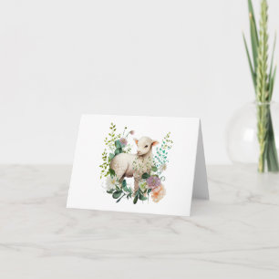 Watercolor Lamb with Wreath of Flowers BLANK  Card