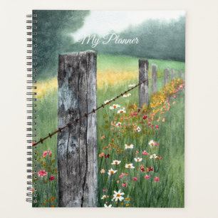 Watercolor landscape art with flowers, planner