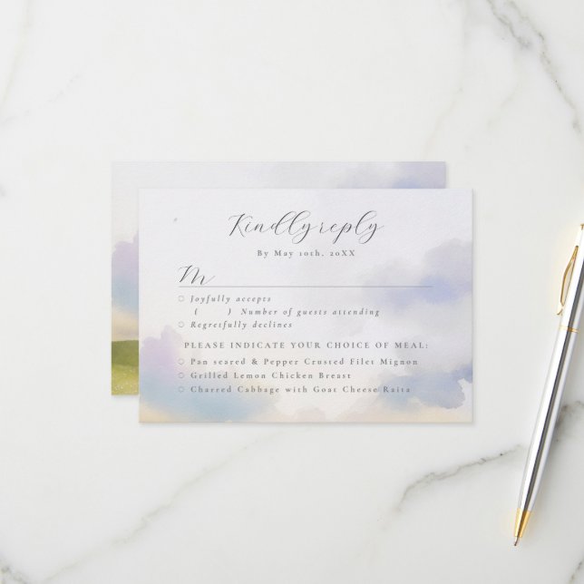 watercolor landscape clouds RSVP w meal choices Card (Front/Back In Situ)