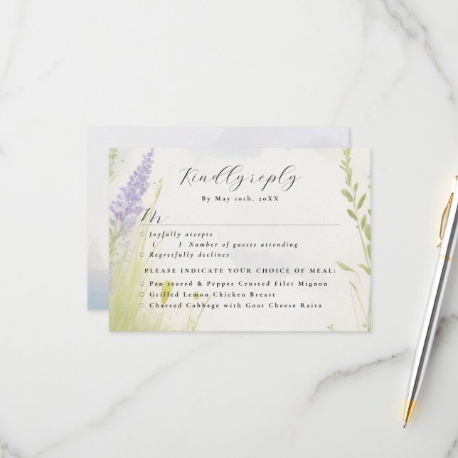 watercolor landscape clouds RSVP w meal choices Card (Front/Back In Situ)