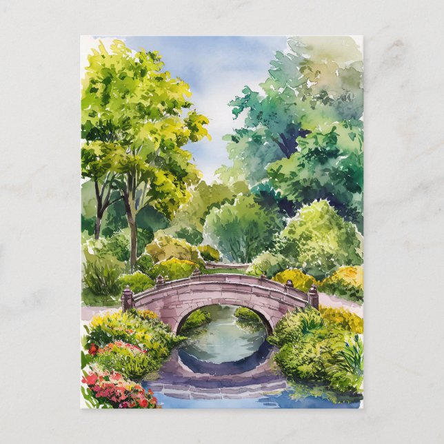 Watercolor landscape green garden bridge lake  postcard (Front)