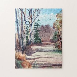 Watercolor landscape in fall colors walk in woods jigsaw puzzle