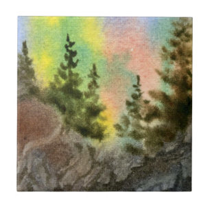 Watercolor landscape nocturnal Pine Tree Tile