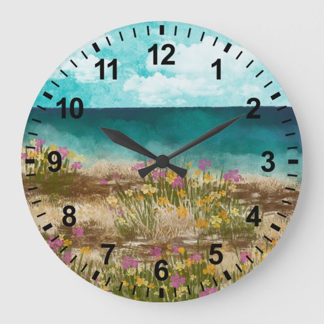 Watercolor Landscape Seaside Wildflowers  Clock (Front)