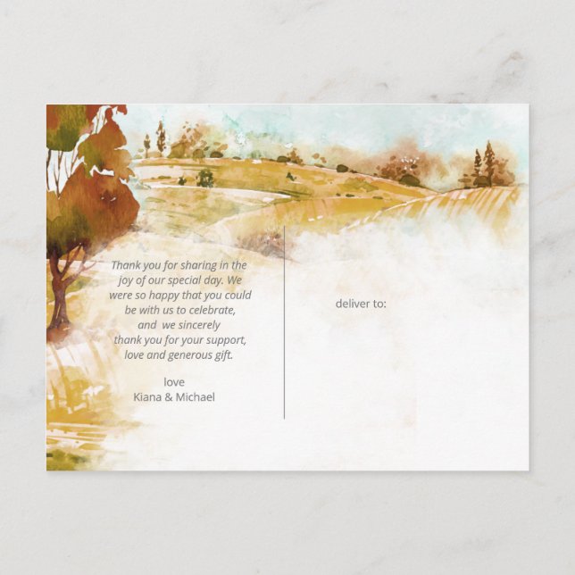Watercolor Landscape Thank You Autumn Gold ID786 Announcement Postcard (Back)