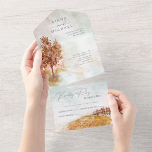 Watercolor Landscape Wedding Autumn Gold ID786 All In One Invitation
