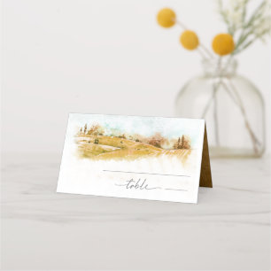 Watercolor Landscape Wedding Autumn Gold ID786 Place Card