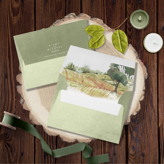 Watercolor Landscape Wedding Sage Green ID786 Envelope (Interior/Back In Situ)