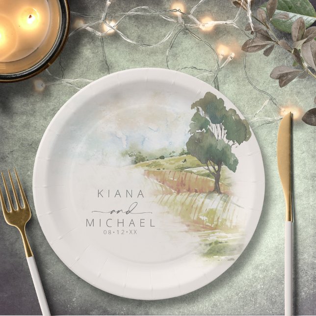 Watercolor Landscape Wedding Sage Green ID786 Paper Plate (Creator Uploaded)