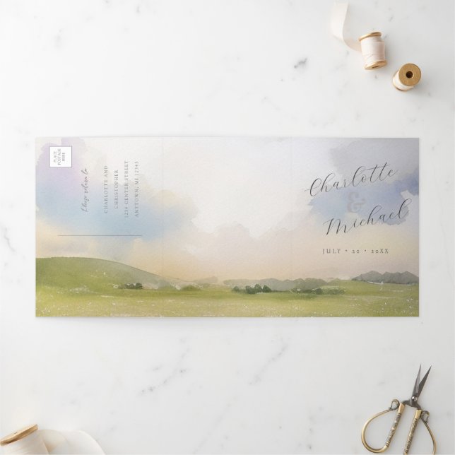 watercolor landscape wedding  Tri-Fold invitation (Outside)