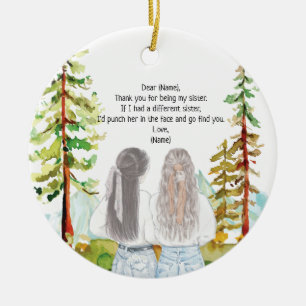 Watercolor Landscape with 2 Girls Custom Message Ceramic Ornament