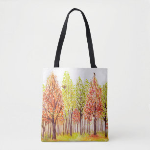 Watercolor landscape with autumn trees tote bag