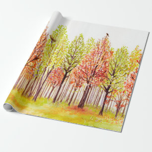 Watercolor landscape with autumn trees wrapping paper