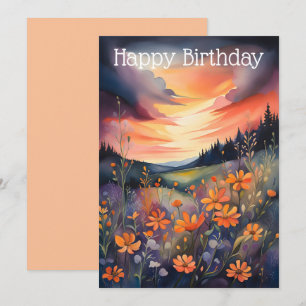 Watercolor Landscape with Buttercups and Sunset Holiday Card