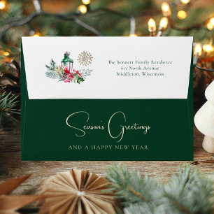 Watercolor Lantern Foliage Modern Script Christmas Envelope
