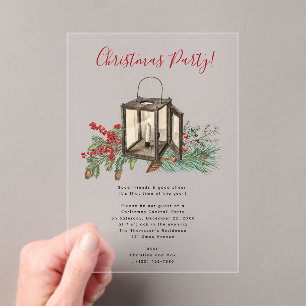 Watercolor Lantern Pine Berries Christmas Party Acrylic Invitations