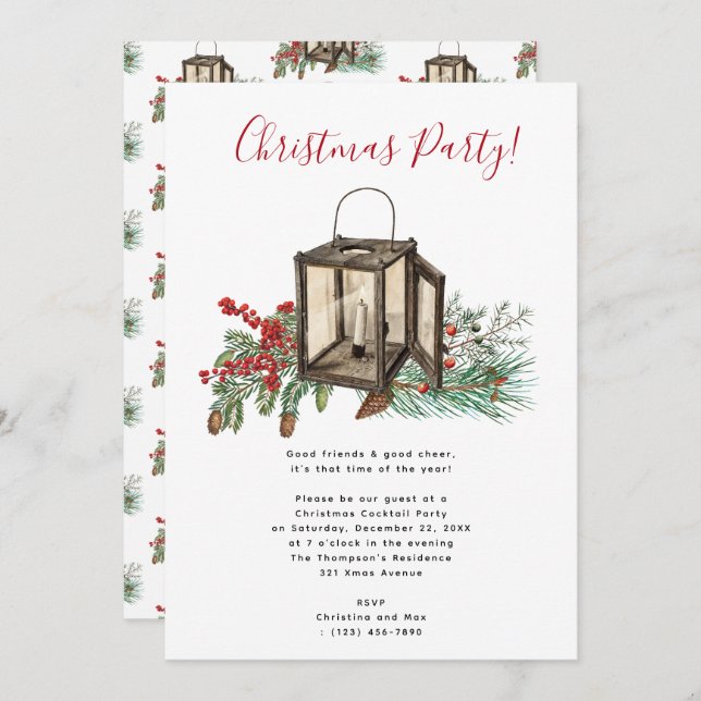 Watercolor Lantern Pine Berries Christmas Party Invitation (Front/Back)