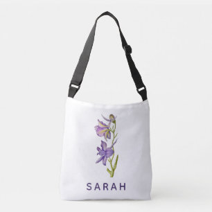 Watercolor Larkspur royalty Custom Name Crossbody Bag