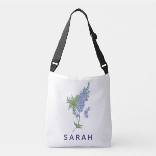 Watercolor Larkspur royalty Custom Name Crossbody Bag
