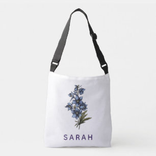 Watercolor Larkspur royalty Custom Name Crossbody Bag