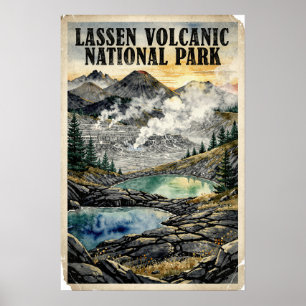 Watercolor Lassen Volcanic National Park Retro Poster