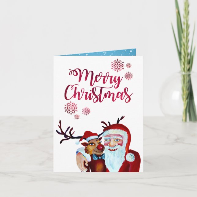 Watercolor Laughing Santa Claus Rudolf Smiling Card (Front)