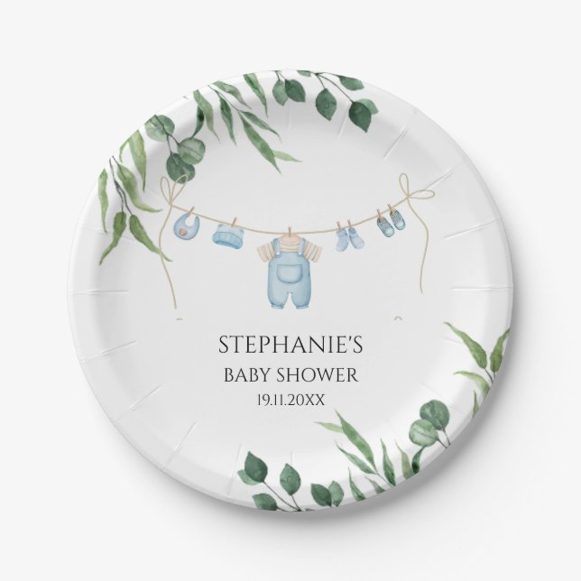 Watercolor Laundry Blue Baby Shower  Paper Plate (Front)
