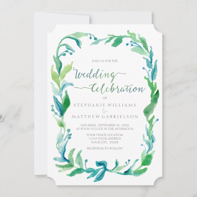 Watercolor Laurel Eucalyptus Leaf Foliage Wreath Invitation (Front)