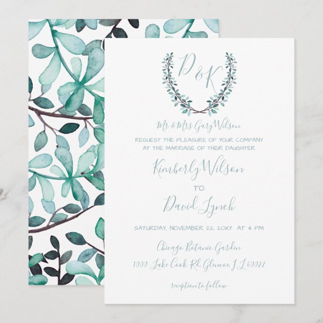 Watercolor Laurel Leave Monogram Wedding Invitation (Front/Back)